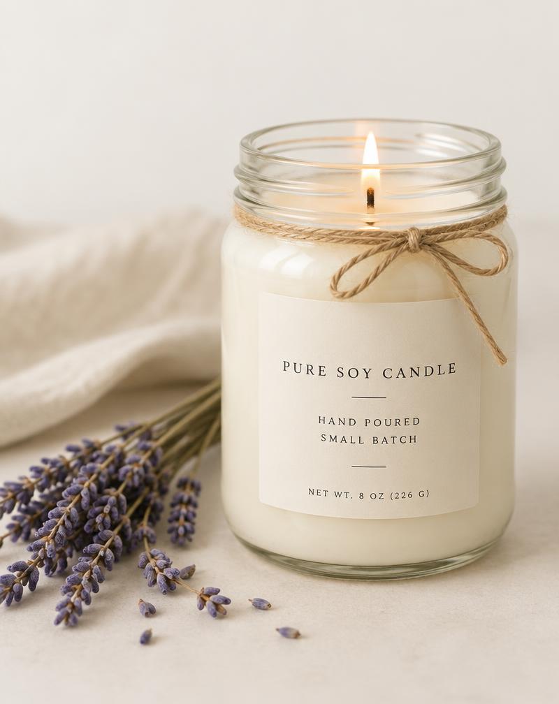 Hand-poured soy candle in a mason jar beside dried lavender