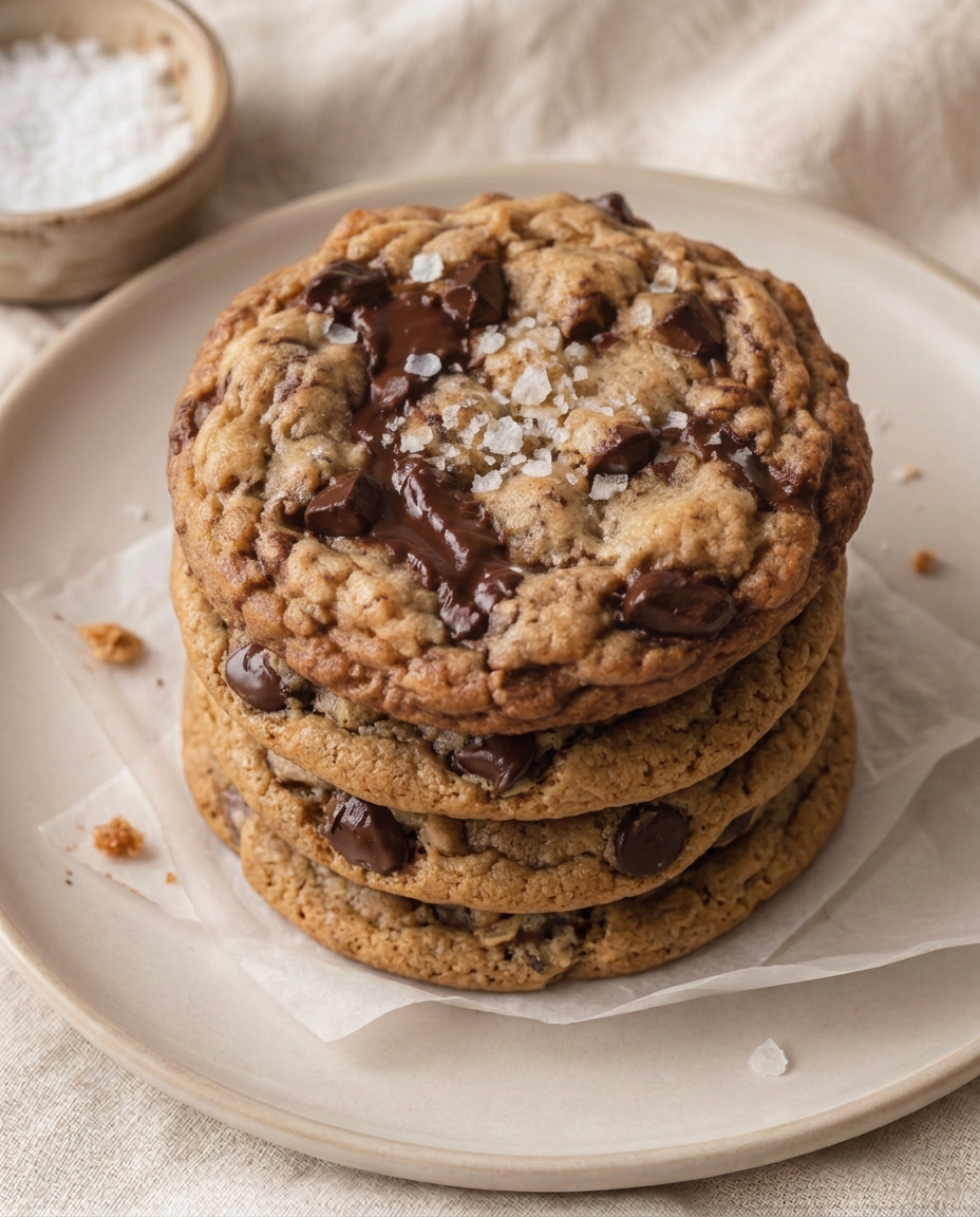 Stack of thick brown butter chocolate chip cookies with flaky sea salt on a cream plate
