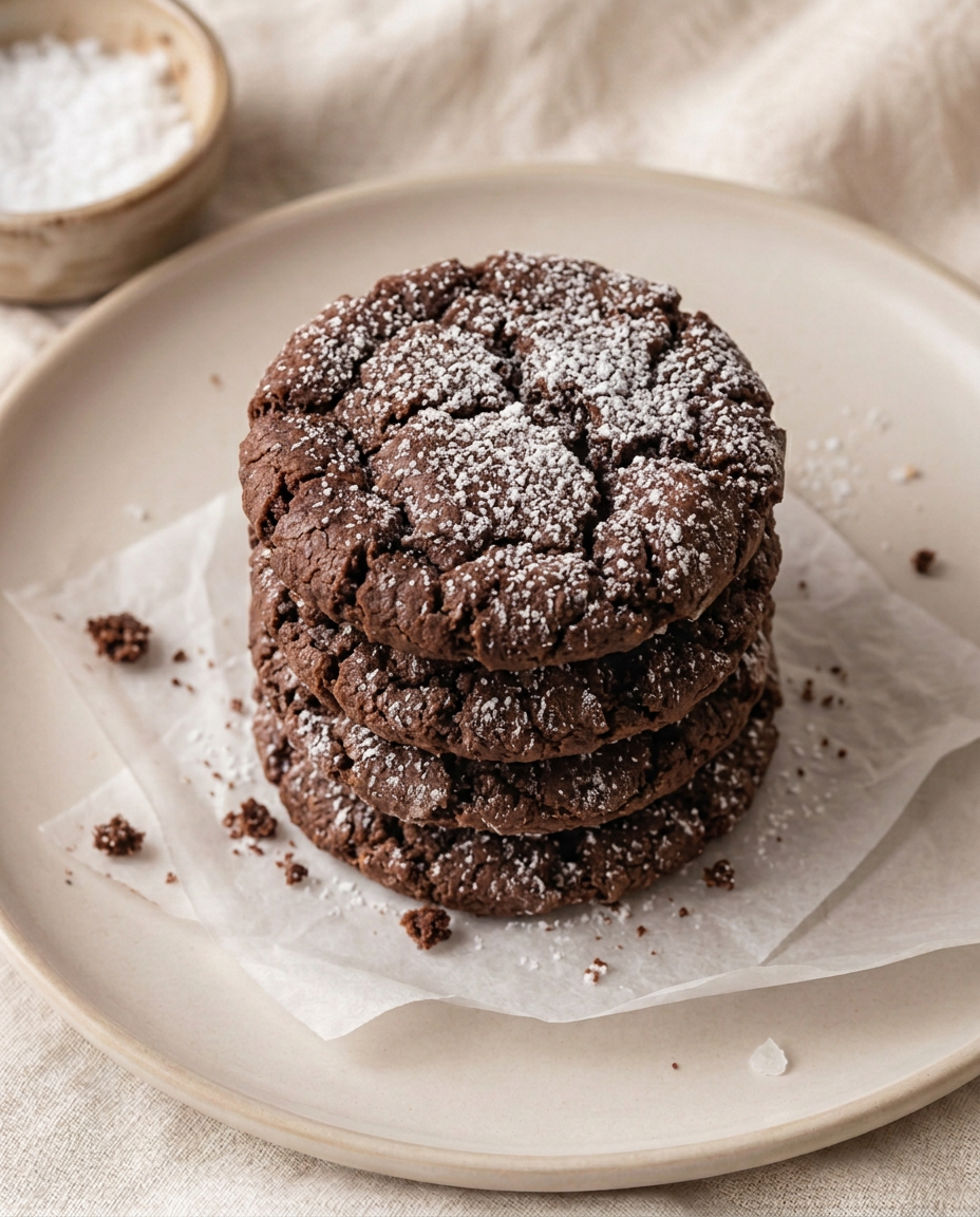 Stack of dark cocoa crinkle cookies dusted with powdered sugar