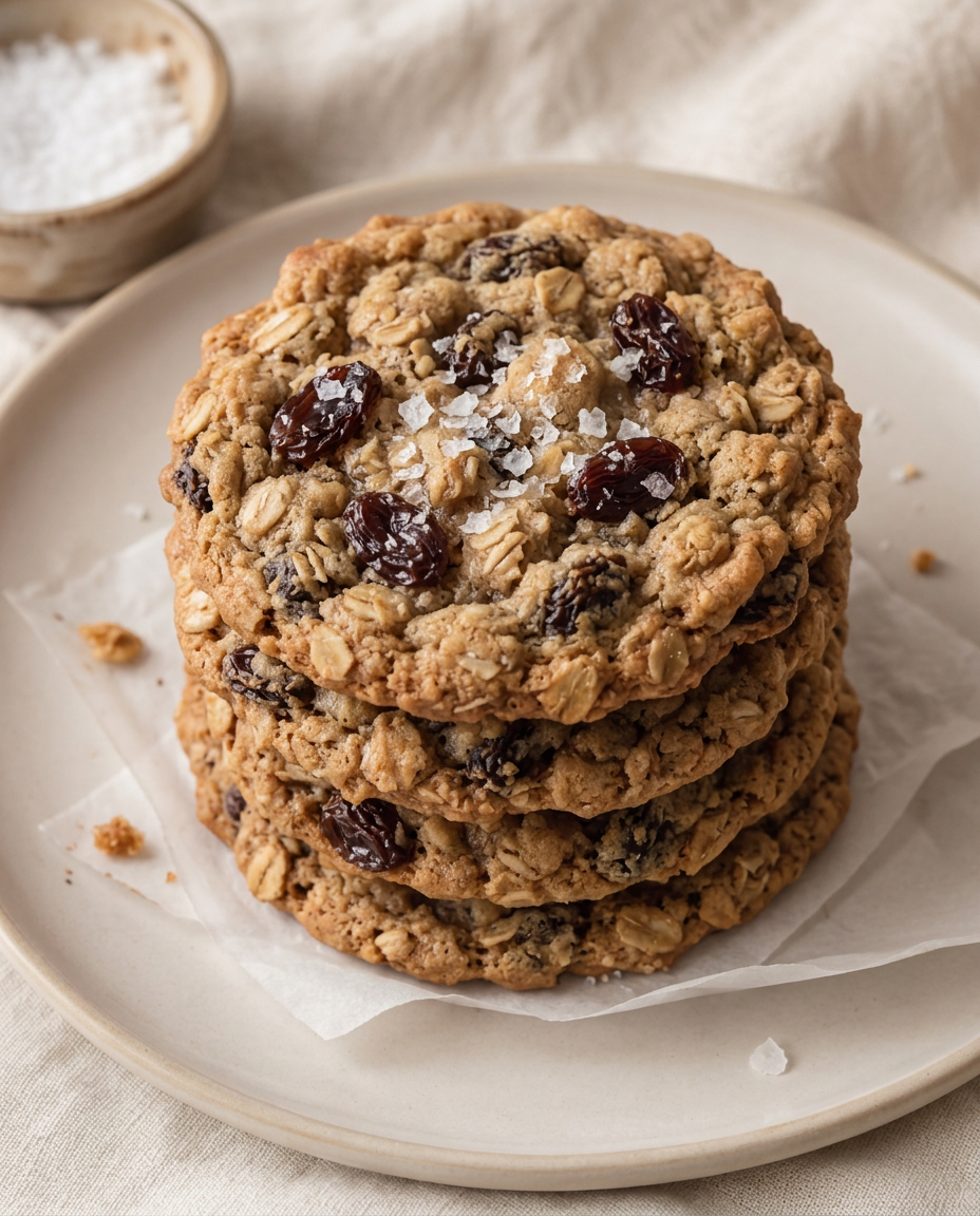 Stack of brown butter oatmeal raisin cookies with flaky sea salt on a cream plate