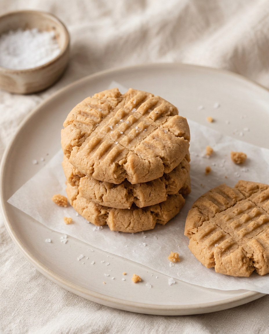 Stack of peanut butter cookies with fork criss-cross tops on a cream plate