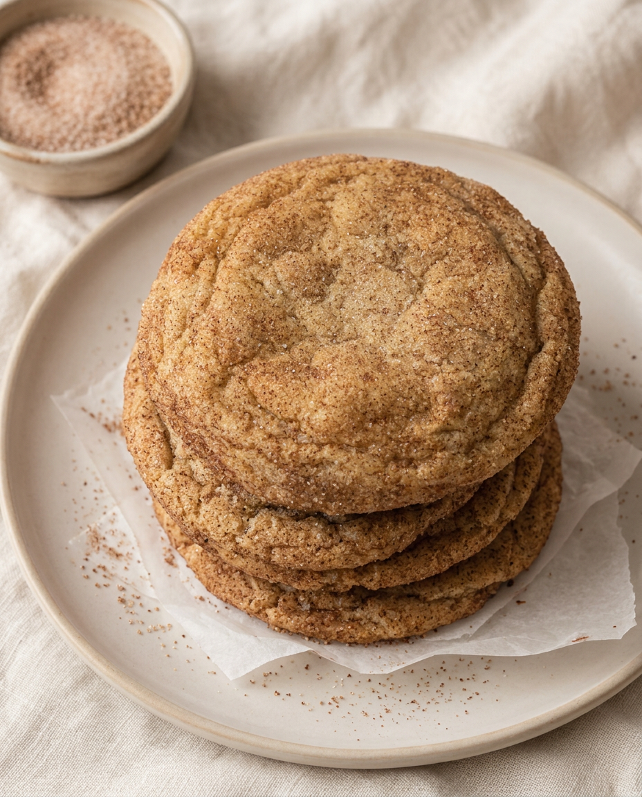 Stack of cinnamon sugar snickerdoodle cookies beside cinnamon sticks