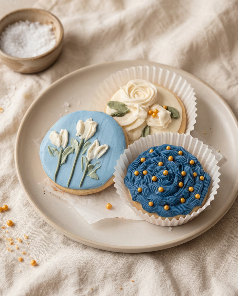 Hand-decorated sugar cookies with blue and ivory buttercream flowers and gold sugar pearls