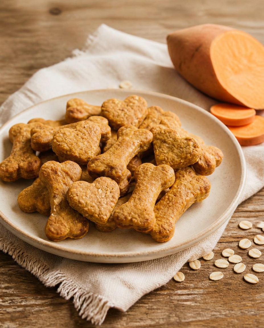 Homemade heart and bone shaped dog treats on a cream plate beside rolled oats and sliced sweet potato