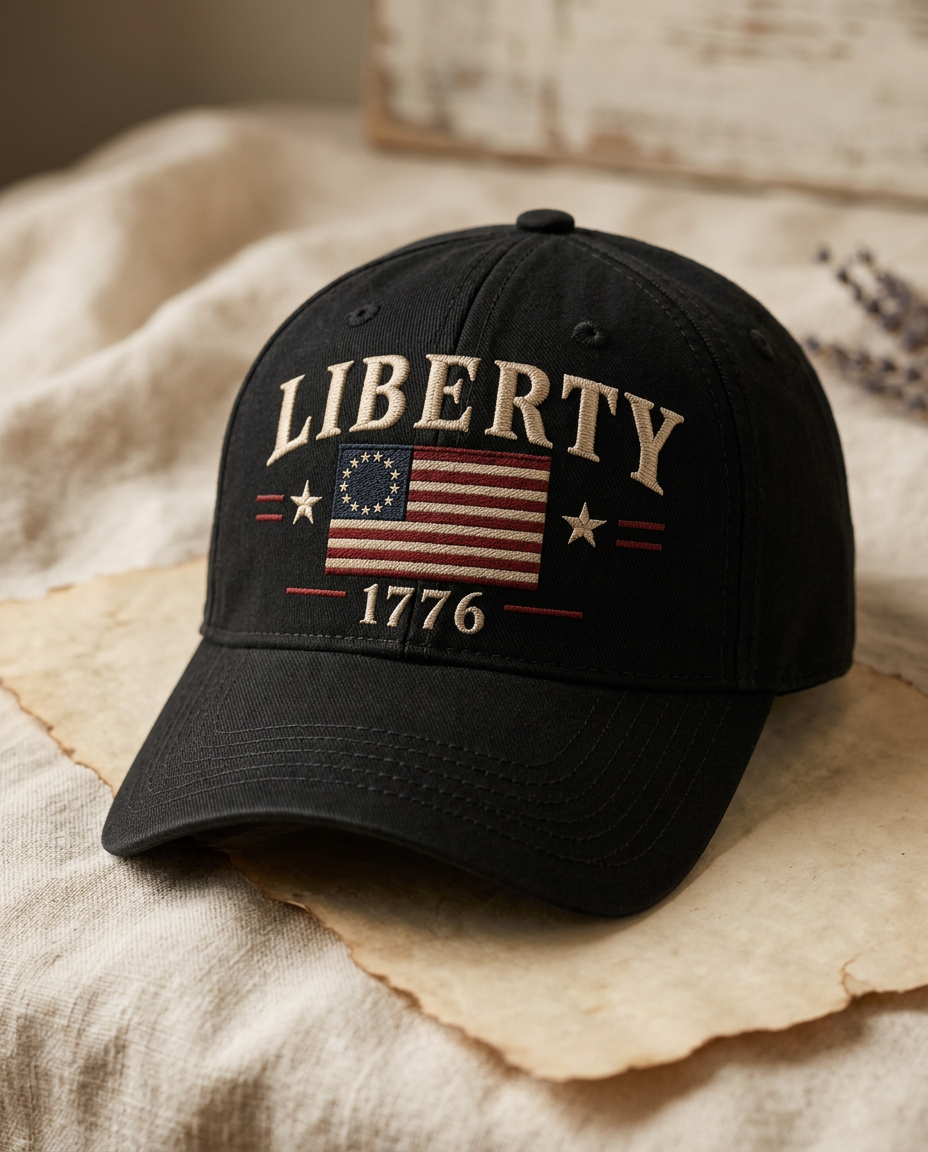 Black washed cotton cap with cream Liberty embroidery, a Betsy Ross flag, stars and 1776 stitched below