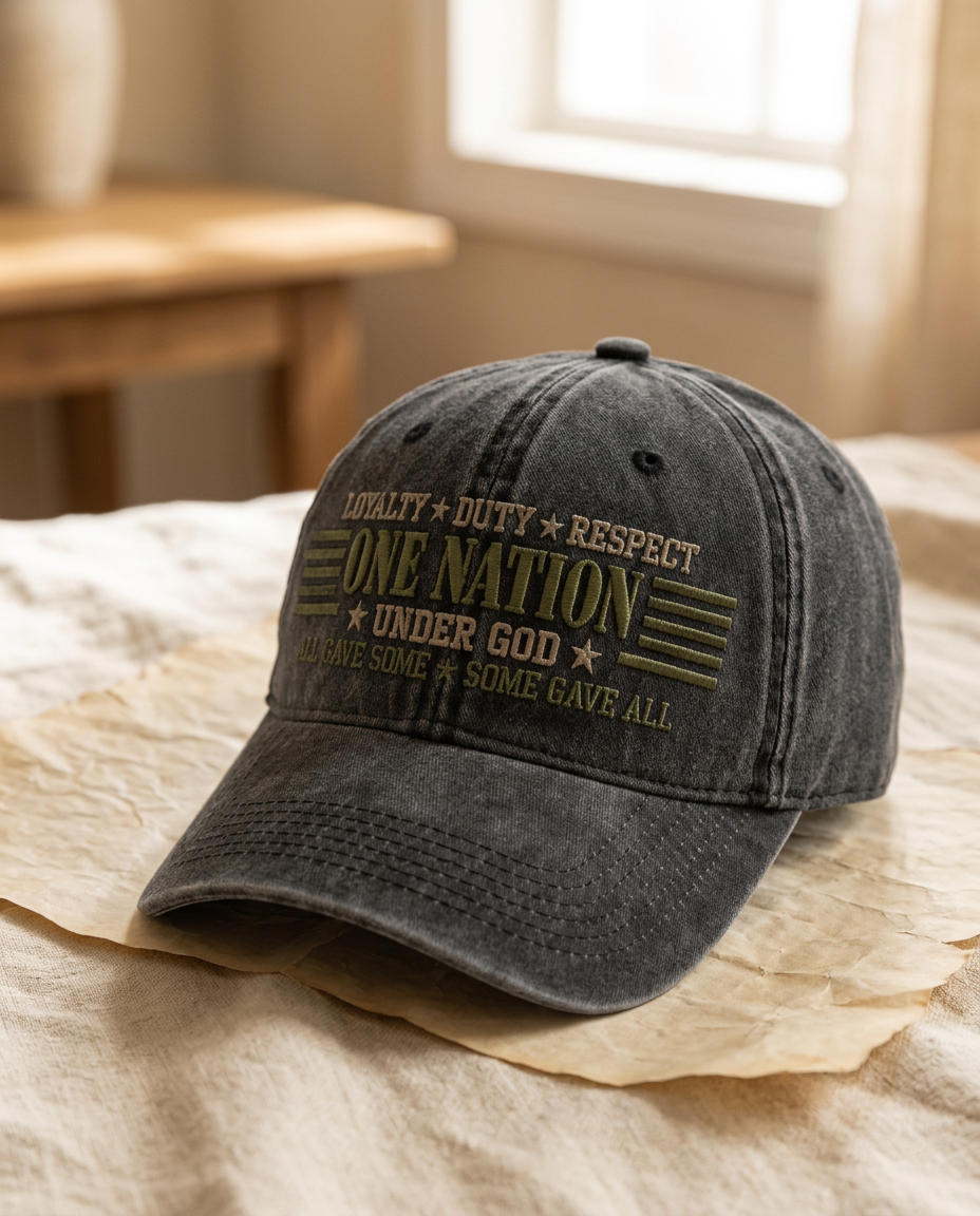 Washed charcoal black cap with olive embroidery reading Loyalty Duty Respect, One Nation Under God, All Gave Some Some Gave All