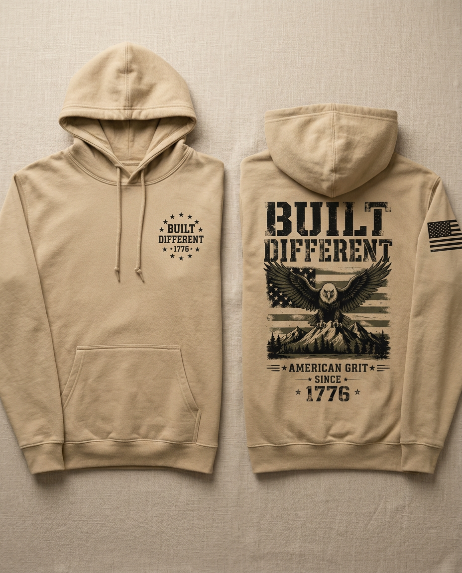 Two folded hoodies showing the small chest crest on the front and the Built Different eagle graphic on the back