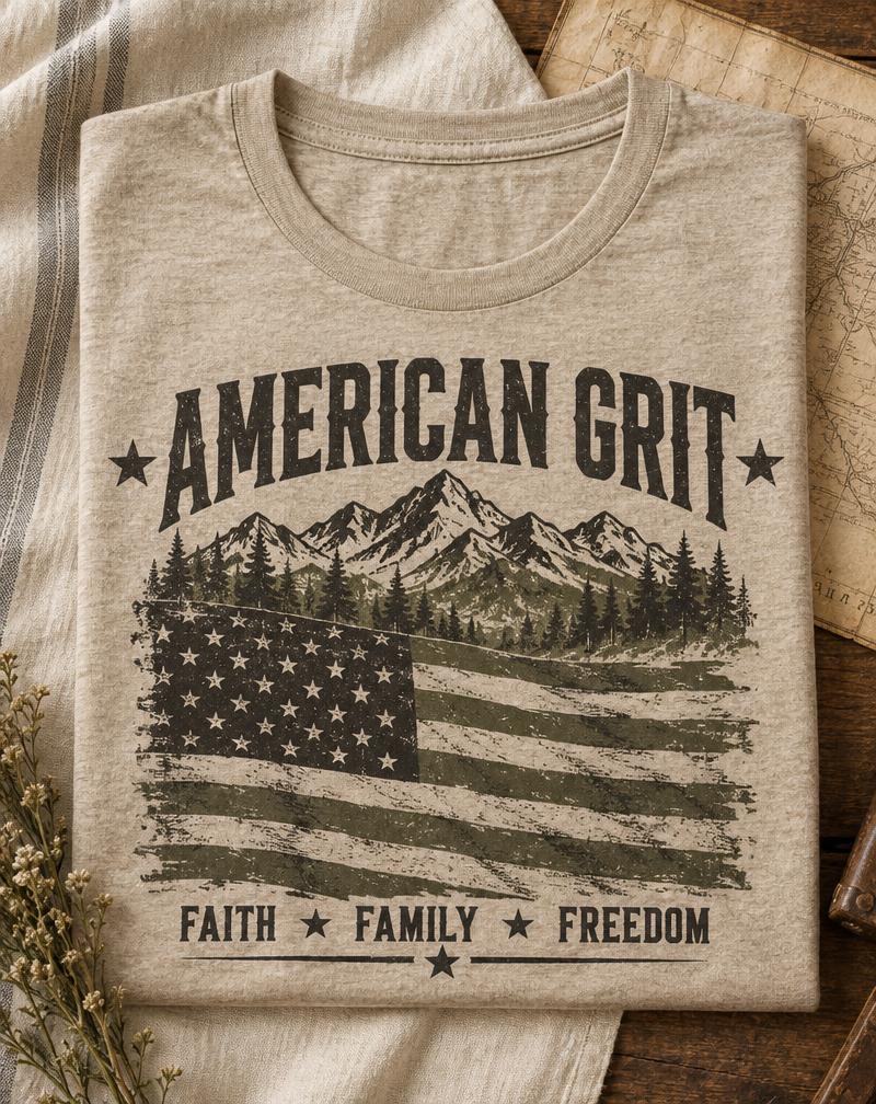 Folded heather sand men's t-shirt with a distressed American Grit flag and mountain print