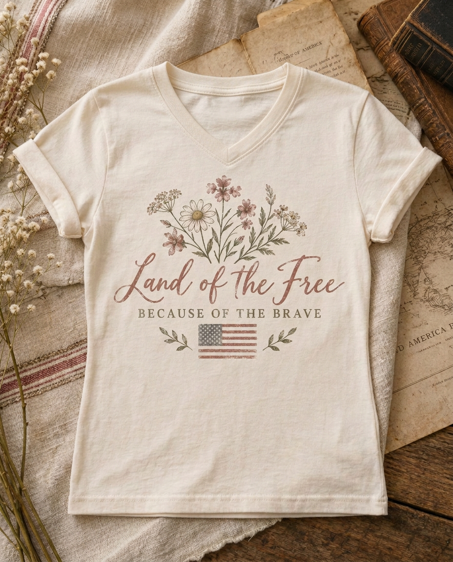 Folded ivory cream women's t-shirt with a wildflower print and Land of the Free Because of the Brave lettering